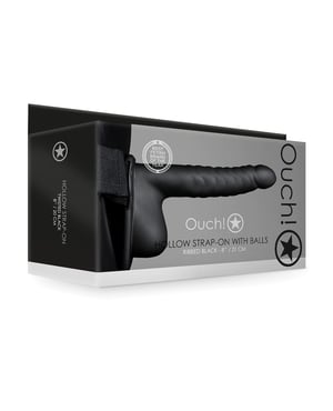 Shots Ouch 8″ Ribbed Hollow Strap On w/Balls – Black by Ouch product image