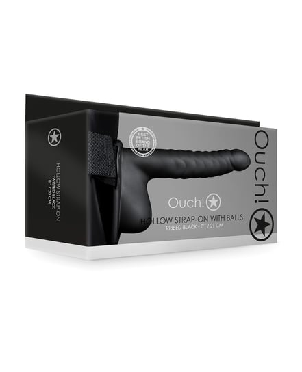 Shots Ouch 8″ Ribbed Hollow Strap On w/Balls – Black by Ouch product image