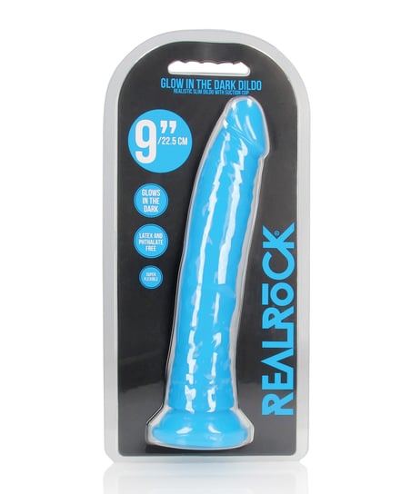 Shots RealRock 9″ Slim Dildo Glow in the Dark – Neon Blue by RealRock product image