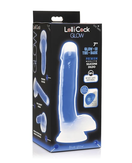 Curve Toys Lollicock 7″ Glow In The Dark Silicone Dildo w/Balls – Blue by Lollicock product image