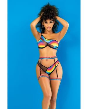 Pride One Shoulder Top, Garter Belt & Panty Black Prints S/M by Mapale product image