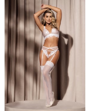 Floral Lace & Mesh Top, Garter Belt & Peek a Boo Panty White LG by Mapale product image