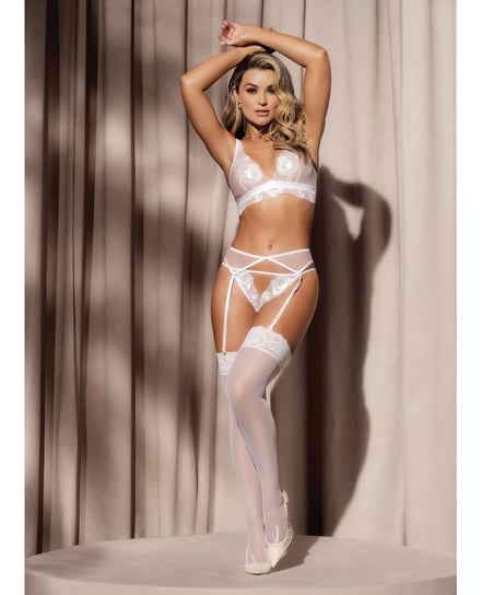 Floral Lace & Mesh Top, Garter Belt & Peek a Boo Panty White LG by Mapale product image