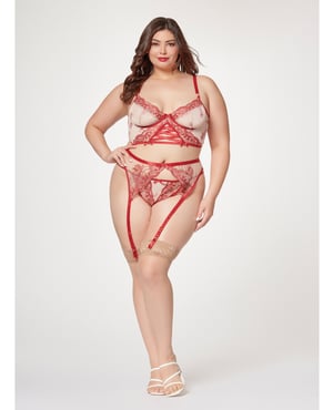 Sheer Stretch Mesh w/Floral Contrast Embroidery Bustier, Garter Belt & Thong Red/Nude 1X/2X by Seven 'til Midnight product image