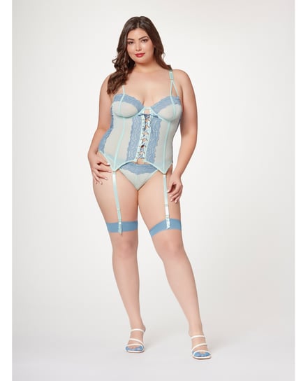 Lace & Mesh Bustier w/Lace Up Center, Garter Belt & Thong Blue 3X/4X by Seven 'til Midnight product image
