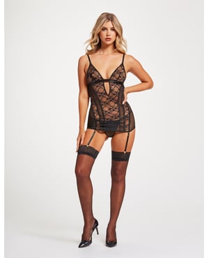 Lace & Mesh Triangle Cup Chemise w/Garters & Thong Black MD by Seven 'til Midnight product image