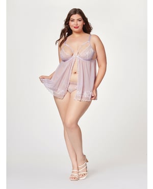 Sheer Mesh & Lace Demi Cup Babydoll & Thong Lavender 3X/4X by Seven 'til Midnight product image