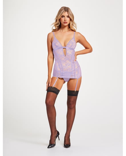 Lace & Mesh Triangle Cup Chemise w/Garters & Thong Lavender SM by Seven 'til Midnight product image