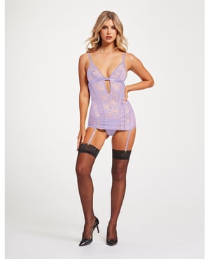 Lace & Mesh Triangle Cup Chemise w/Garters & Thong Lavender XL by Seven 'til Midnight product image
