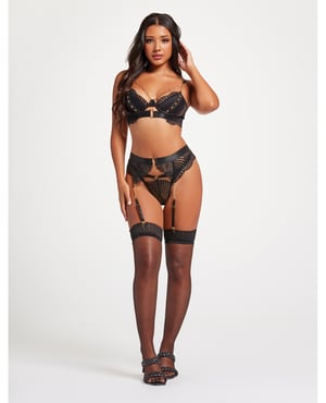 Scalloped Lace Bra w/Gold Chain, Garter Belt & Thong Black LG by Seven 'til Midnight product image
