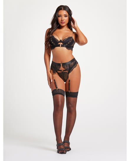Scalloped Lace Bra w/Gold Chain, Garter Belt & Thong Black LG by Seven 'til Midnight product image