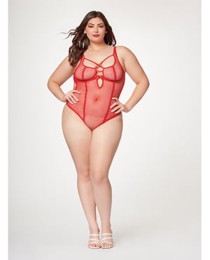 Fishnet Strappy High Cut Leg Teddy Red 3X/4X by Seven 'til Midnight product image