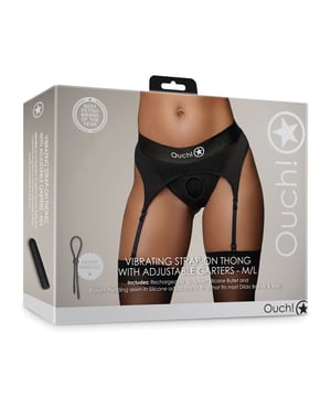 Shots Ouch Vibrating Strap On Thong w/Adjustable Garters – Black M/L by Ouch product image