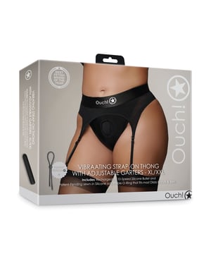 Shots Ouch Vibrating Strap On Thong w/Adjustable Garters – Black XL/XXL by Ouch product image