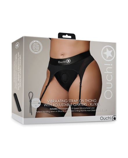 Shots Ouch Vibrating Strap On Thong w/Adjustable Garters – Black XL/XXL by Ouch product image
