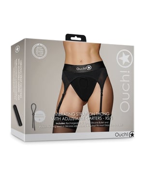 Shots Ouch Vibrating Strap On Thong w/Adjustable Garters – Black XS/S by Ouch product image