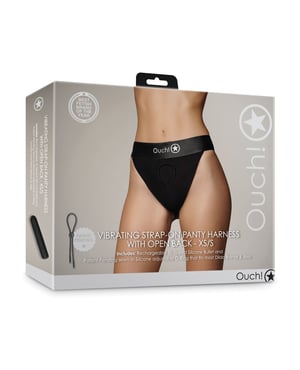 Shots Ouch Vibrating Strap On Panty Harness w/Open Back – Black XS/S by Ouch product image