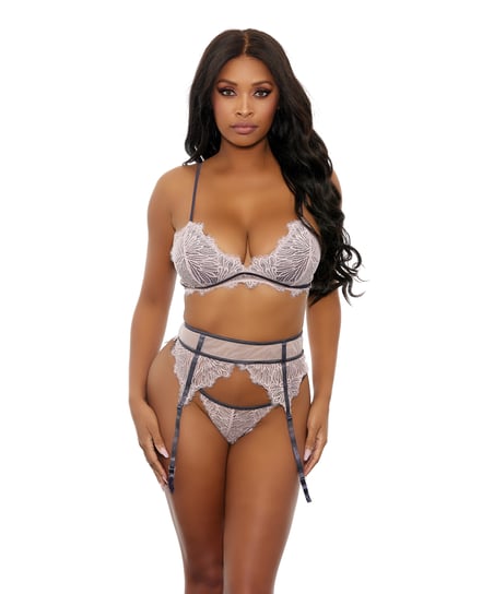 Floral Lace Bra, Cage Garter Belt & G-String Dusty Pink XL by Popsi Lingerie product image