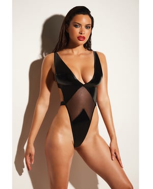FETISH Limitless Soft Cup High Leg Vinyl & Mesh Teddy Black S/M by Fetish by Oh la la Cheri product image