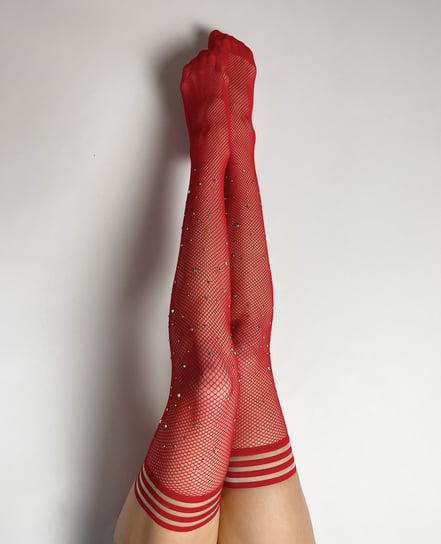 Kix’ies Joely Fishnet Rhinestone Thigh High Red A by Kixies product image