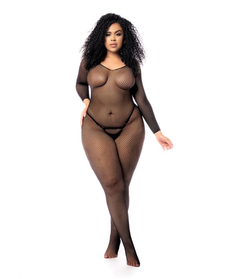 Long Sleeved All Over Fishnet Body Stocking Black QN by Mapale product image