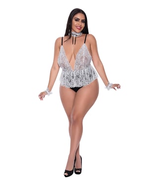Dress Up Full Service Lace Deep V Teddy w/Collar & Wrist Cuffs Black/White QN by Exposed product image
