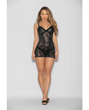 Flame Fetish Boss Lady Lace Up Back Chemise & Wide Band Thong Black SM by Flame Fetish by Escante product image