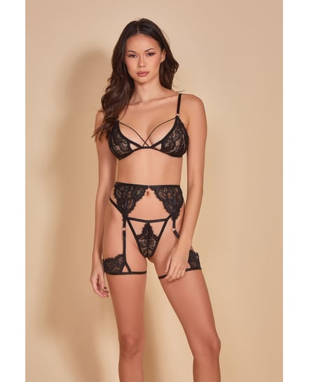 All Eyes on Me Eyelash Lace Bralette, Garterbelt & Strappy G-String Black LG by Hauty product image