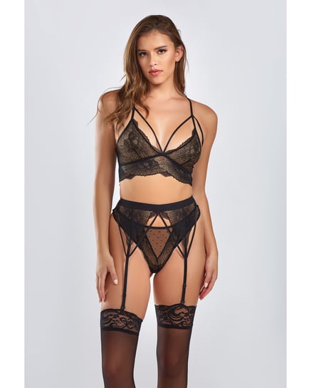 Everly Dot Mesh & Galloon Lace Strappy Bra, Garterbelt & Hipster Panty Black SM by iCollection Lingerie product image