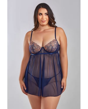 Jennie Cross Dyed Galloon Lace & Mesh Babydoll Navy 2X by iCollection Lingerie product image