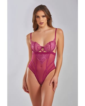 Quinn Cross Dyed Galloon Lace & Mesh Teddy Wine SM by iCollection Lingerie product image
