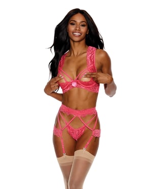 Lace Underwire Peek a Boo Bra, Garterbelt & G-String Coral MD by Showtime product image