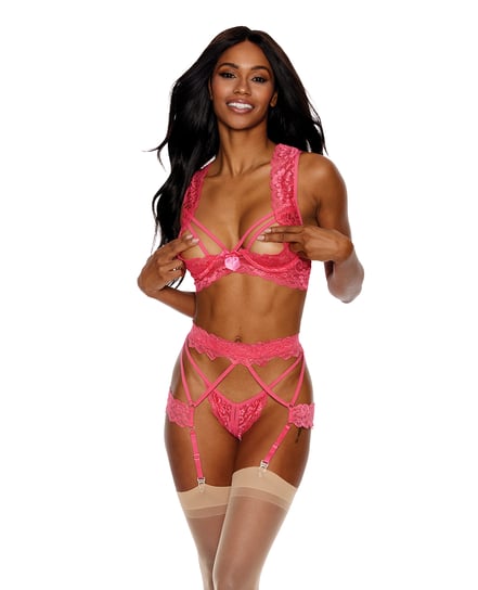 Lace Underwire Peek a Boo Bra, Garterbelt & G-String Coral MD by Showtime product image