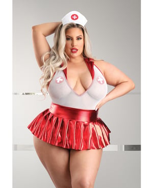 Play Pulse Check Collared Teddy w/Open Back, Pleated Skirt, Medic Hat & Pasties Red/White 3X/4X by Play by Fantasy Lingerie product image