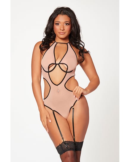 Mesh Cut Out Halter Teddy Nude/Black O/S by Seven 'til Midnight product image