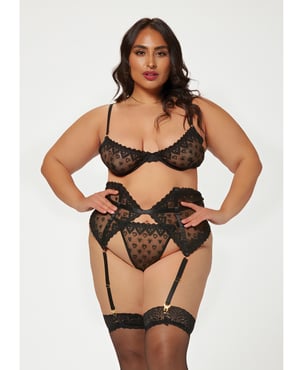 Valentines Heart Embroidered Mesh Bra, Waspie & Panty Black 1X/2X by Seven 'til Midnight product image
