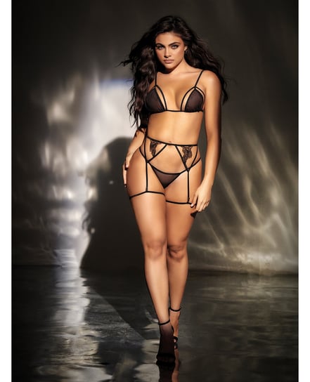 Mesh Top w/Adjustable Coverage, Garter Belt & Thong Black L/XL by Mapale product image