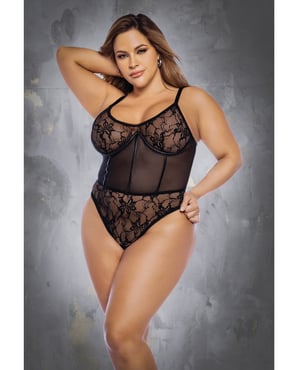 Floral Lace & Mesh Underwire Bodysuit w/Lace Up Back Black 3X/4X by Mapale product image