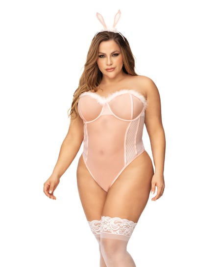 Sexy Bunny Underwire Bodysuit w/Lace Up Back & Head Piece Pink 3X/4X by Mapale product image