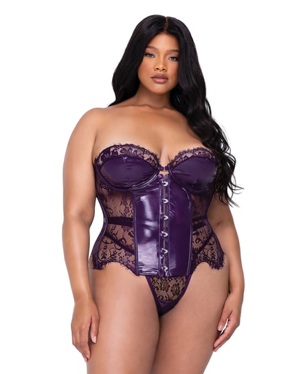 Sugar Plum Scalloped Eyelash Lace & Faux Leather Bustier w/Steel Boning & Thong Purple 1X by Roma Confidential product image