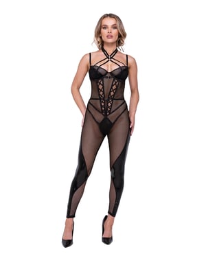 Flirty Fetish Fishnet & Faux Leather Catsuit w/Satin Trim Black LG by Roma Confidential product image