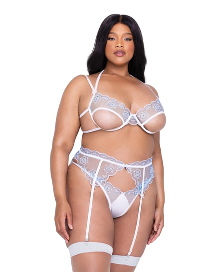 Holiday Snow Queen Metallic Snowflake Embroidered Bra & High Waisted Thong Blue/White 1X by Roma Confidential product image