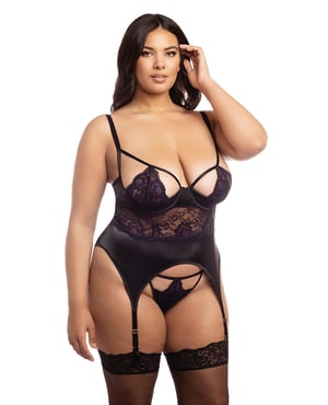 Demi Padded Shelf Cup Merrywidow w/Overlay Lace & Panty Black/Heliotrope 1X by RSVP by Oh la la Cheri product image