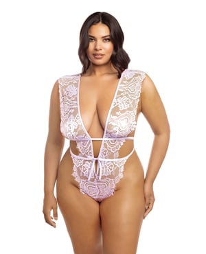 Imani Eyelash Lace Soft Cup High Leg Teddy Pink Tulle 1X/2X by RSVP by Oh la la Cheri product image