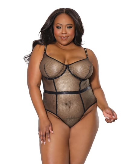 Holiday Metallic Fishnet Teddy w/Underwire Cups Black/Gold 1X/2X by Coquette product image