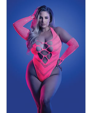 Glow Flashback Black Light Reactive Rhinestone Teddy w/Gloves (or Leg Warmers) – Neon Pink QN by Glow by Fantasy Lingerie product image