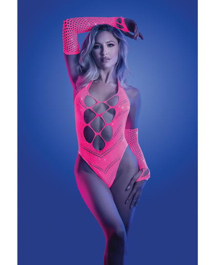 Glow Flashback Black Light Reactive Rhinestone Teddy w/Gloves (or Leg Warmers) – Neon Pink O/S by Glow by Fantasy Lingerie product image