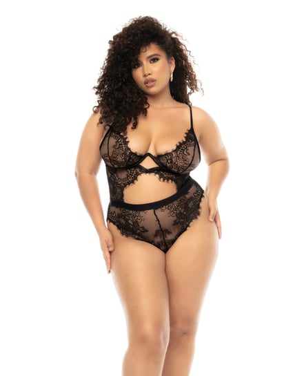 Floral Lace & Mesh Underwire Teddy w/Keyhole Details Black 3X/4X by Mapale product image