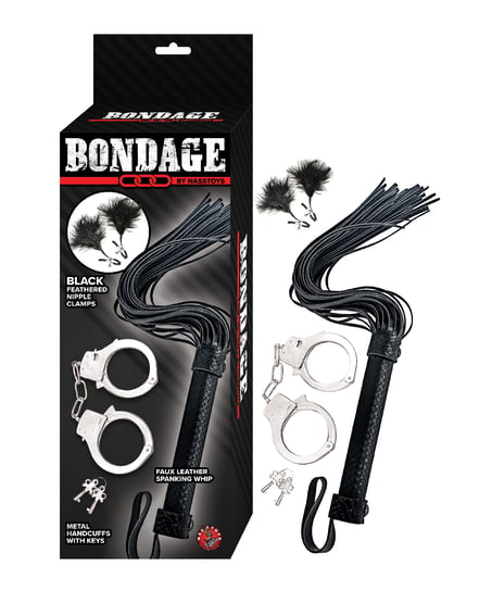 Bondage by Nasstoys Whip & Cuff Set – Black by Nasstoys product image