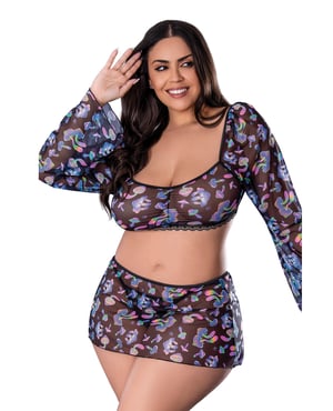 Hazy Dayz Shrooms Crop Top w/Skirt & Thong – Black QN by Exposed product image